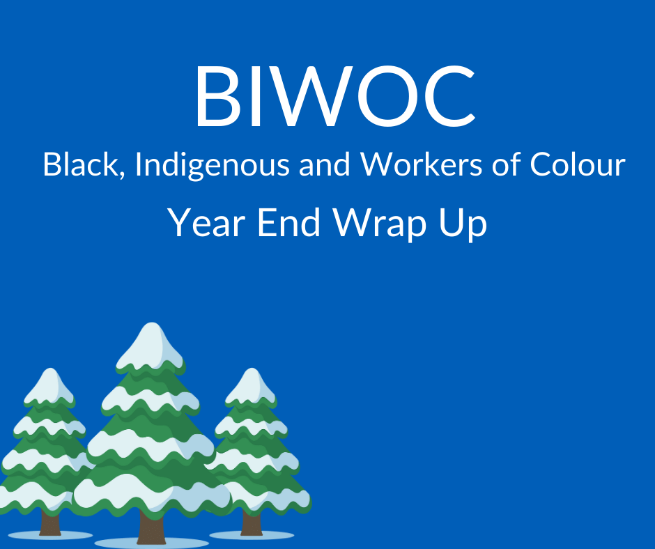 Cartoon trees with snow, white text with blue background reads BIWOC Committee Year End Wrap up