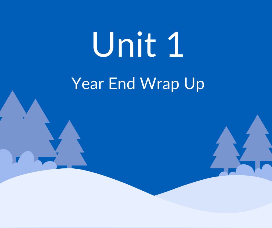 Cartoon trees with snow, white text with blue background reads Unit 1 Year End Wrap up