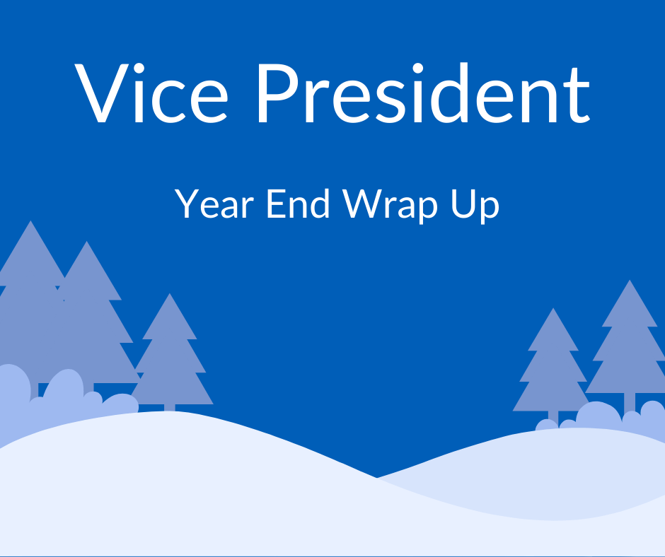 Cartoon trees with snow, white text with blue background reads Vice-President Year End Wrap up